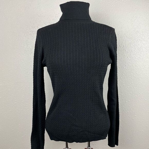Charter Club Black Cable Knit Turtleneck Sweater Size M EUC - Picture 1 of 6